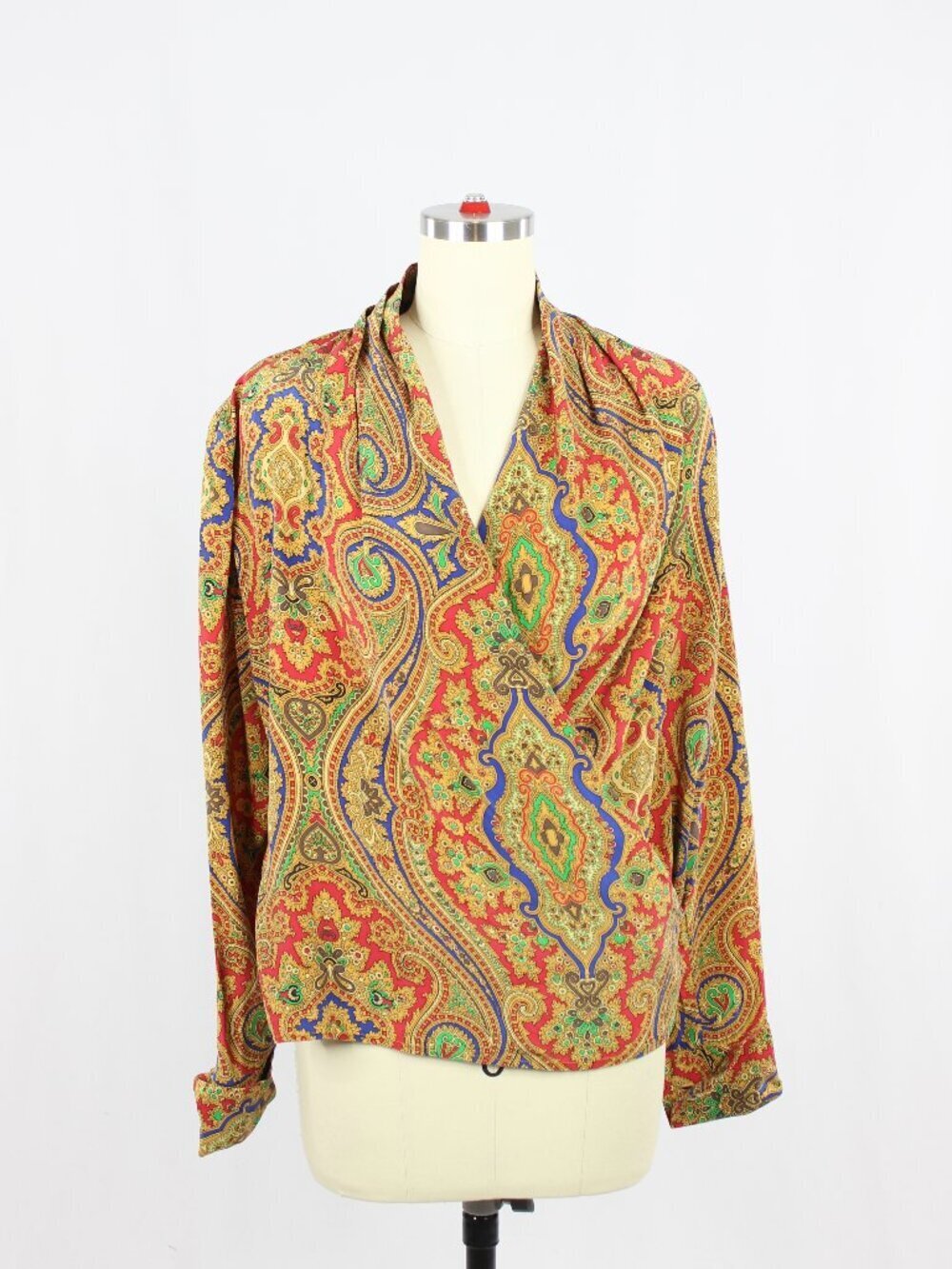 Vintage 90's PORTS Baroque Paisley Silk Crepe Surplice Wrap Blouse, Size 6